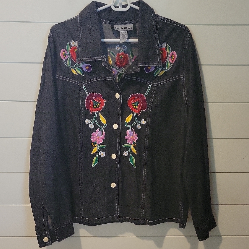 INDIGO MOON FLORAL DENIM JACKET/TOP  L  BLACK/CHARCOAL GRAY